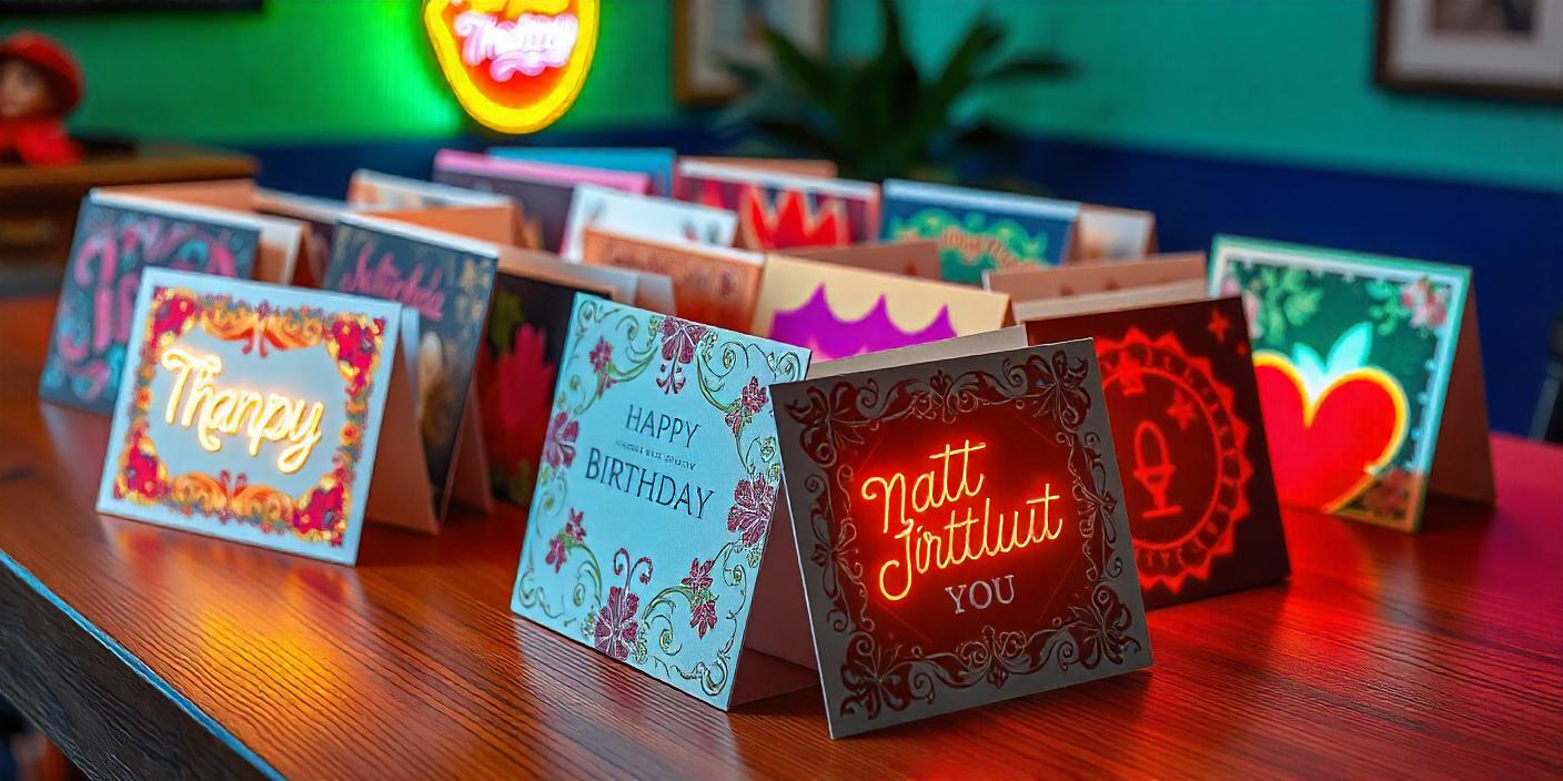 A collection of colorful greeting cards with various designs and messages.

