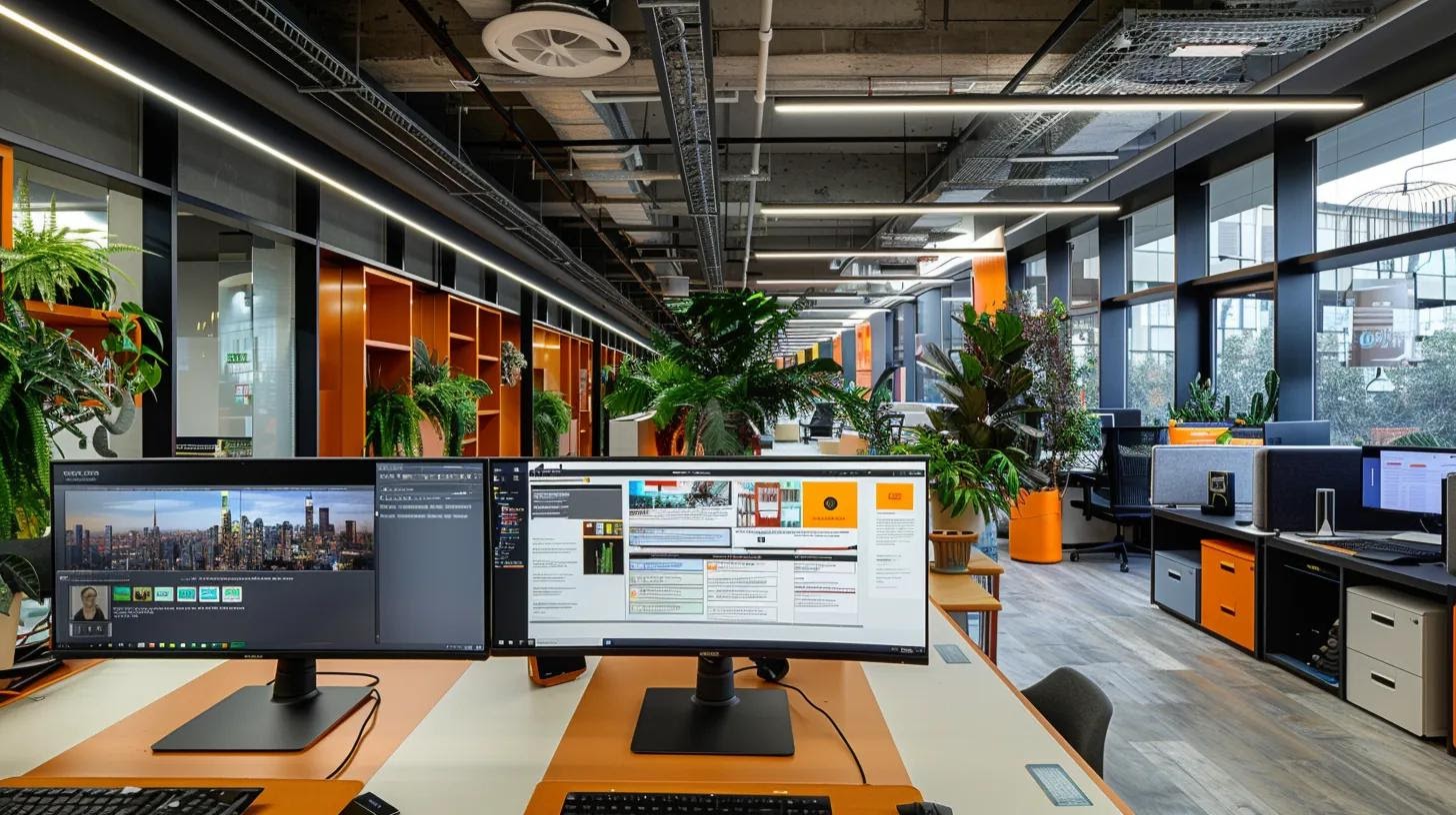 a vibrant office workspace with a computer screen displaying a visually appealing website design checklist, surrounded by modern technology and design tools, emphasising the importance of visual content optimization for seo in a dynamic digital environment.