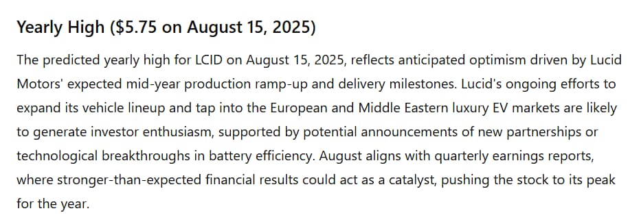 AI forecasts when Lucid will hit its highest price in 2025.