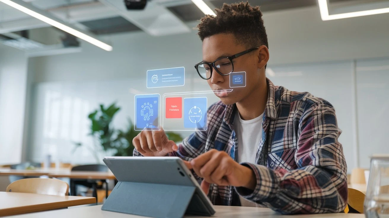 A student interacting with a No-Code AI platform on a tablet, learning AI concepts through a hands-on project.