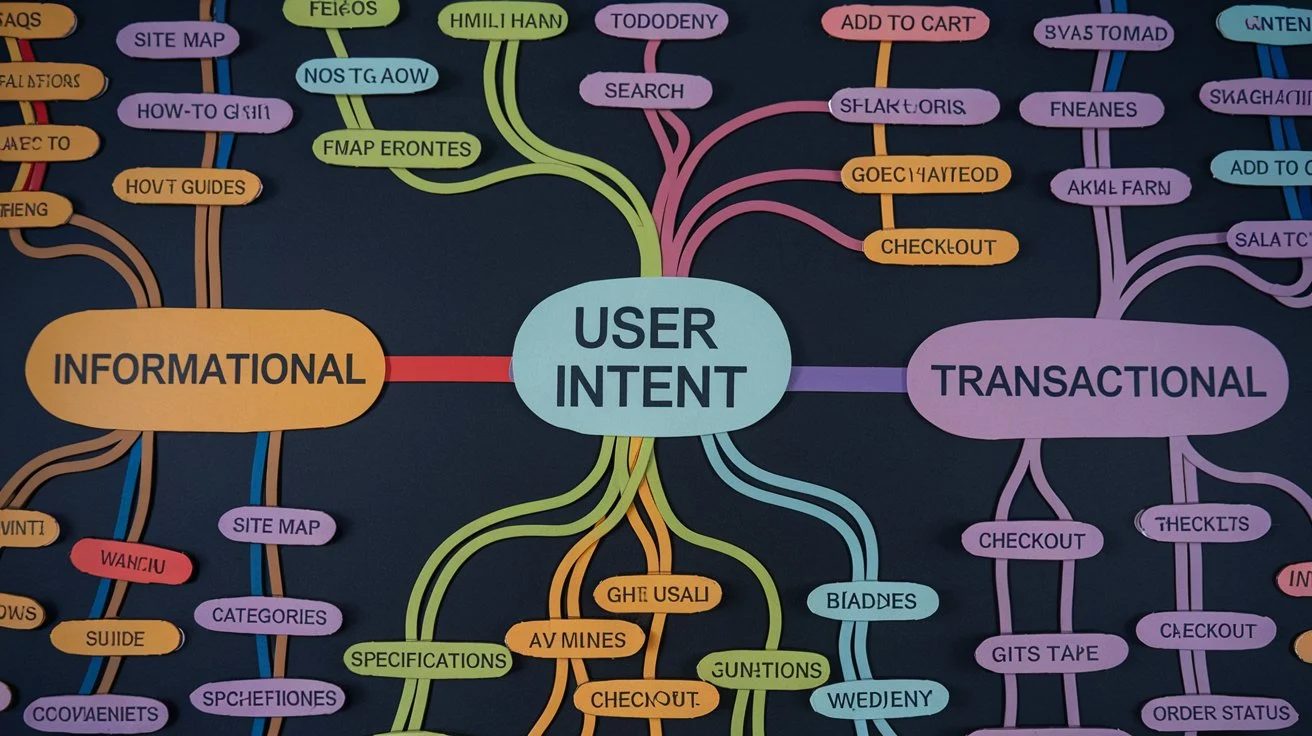 A mind map showcasing various types of user intent in search queries, including informational, navigational, and transactional categories.