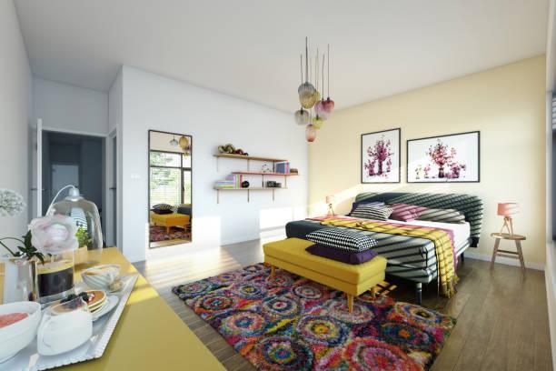 A bedroom with a bed and a colorful rug

Description automatically generated