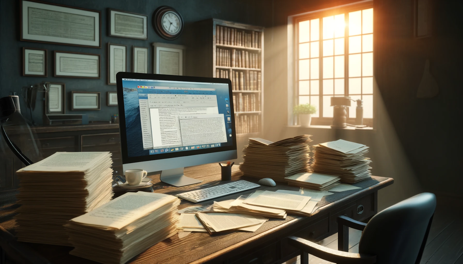 A cozy, sunlit home office with a wooden desk cluttered with stacks of papers, books, and a computer displaying a document. Bookshelves, framed certificates, and warm lighting create an intellectual atmosphere.