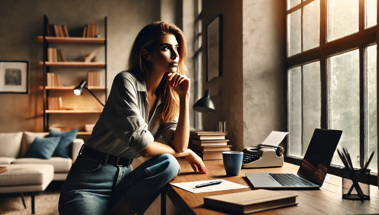 This image features a thoughtful young woman sitting on a desk in a stylish, modern workspace. She appears reflective or in deep thought, with one hand supporting her chin. The workspace is equipped with a laptop, books, a notebook, and a cup of coffee, suggesting a setting conducive to work or study. The large window allows natural light to fill the room, highlighting the contemporary design with a comfortable living area in the background. The overall ambiance is one of calm and focus, ideal for productivity or creative endeavors.