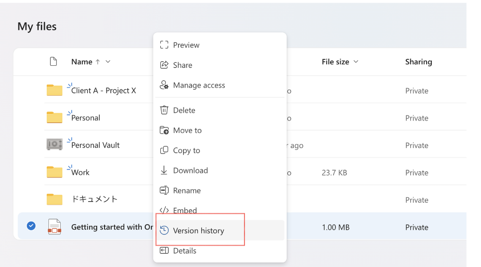 Version history feature in OneDrive to restore older versions