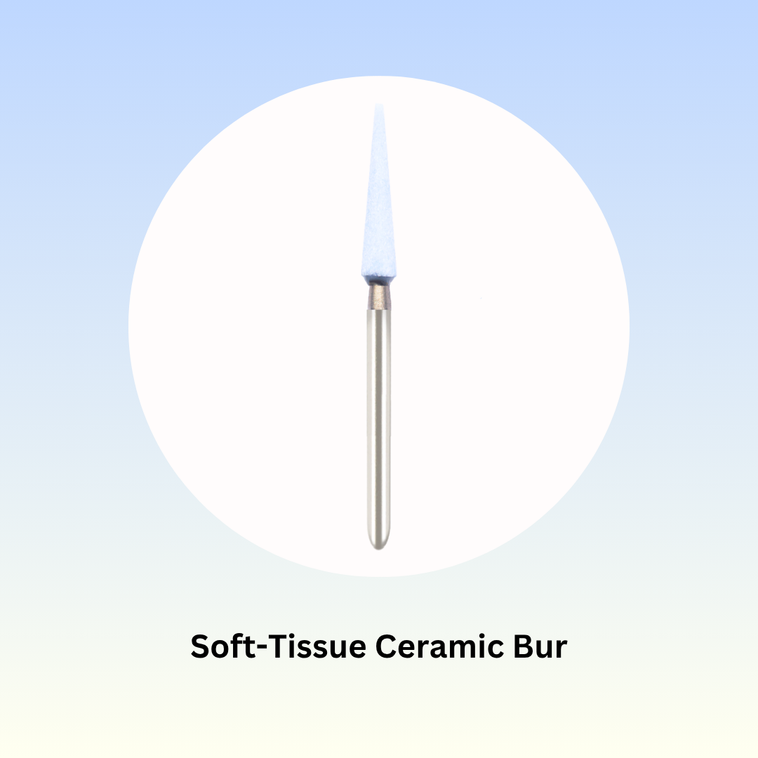 Mr. Bur Soft Tissue Trimming Ceramic Powder Bur FG for precise soft tissue management, offering blood coagulation, minimal trauma, and smooth contouring in periodontal procedures.