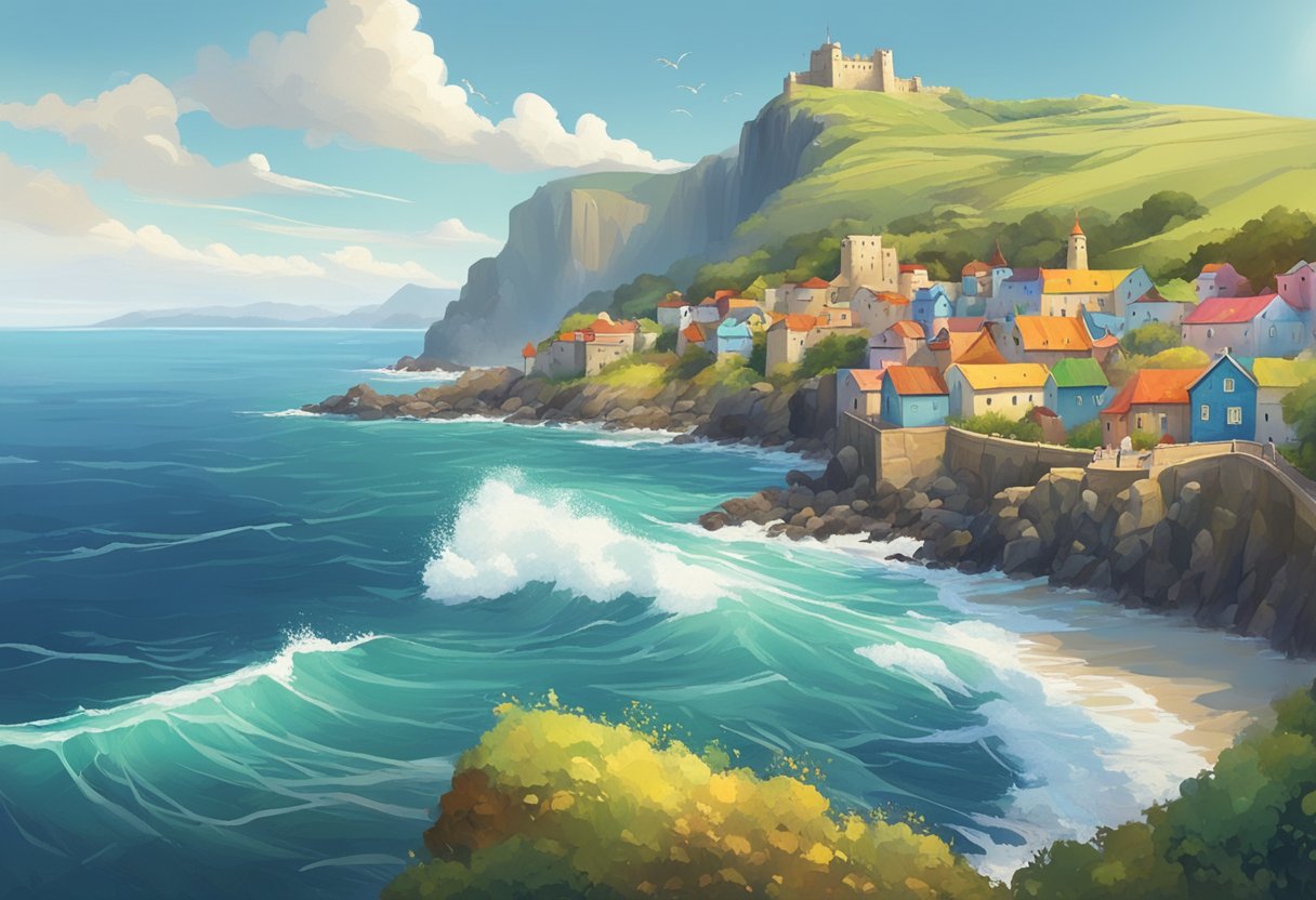 A rugged coastline with crashing waves, a distant castle perched on a cliff, and a colorful fishing village nestled in a sheltered bay