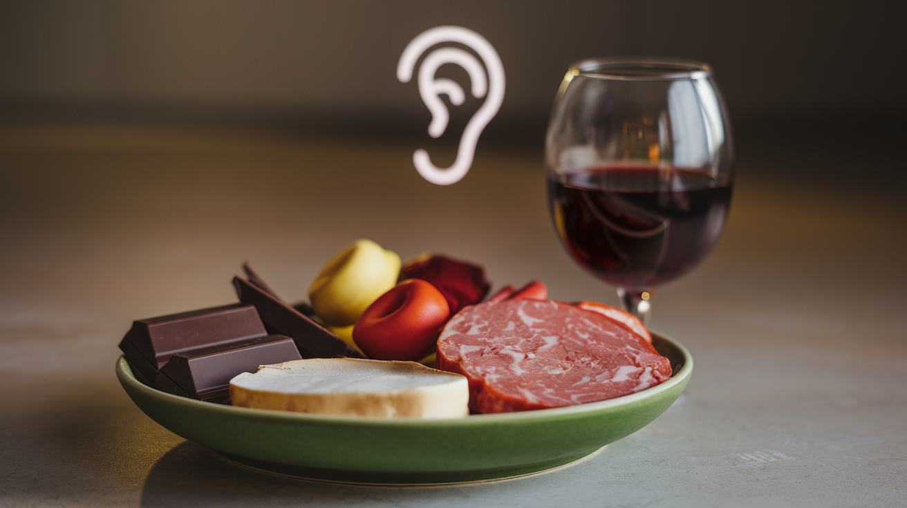 Create a realistic image of a close-up view of a plate with various colorful foods known to trigger tinnitus symptoms, such as chocolate, caffeine, alcohol, and processed meats, with a subtle ear icon or illustration in the background to represent the connection to tinnitus, all set against a neutral kitchen counter backdrop with soft, ambient lighting.