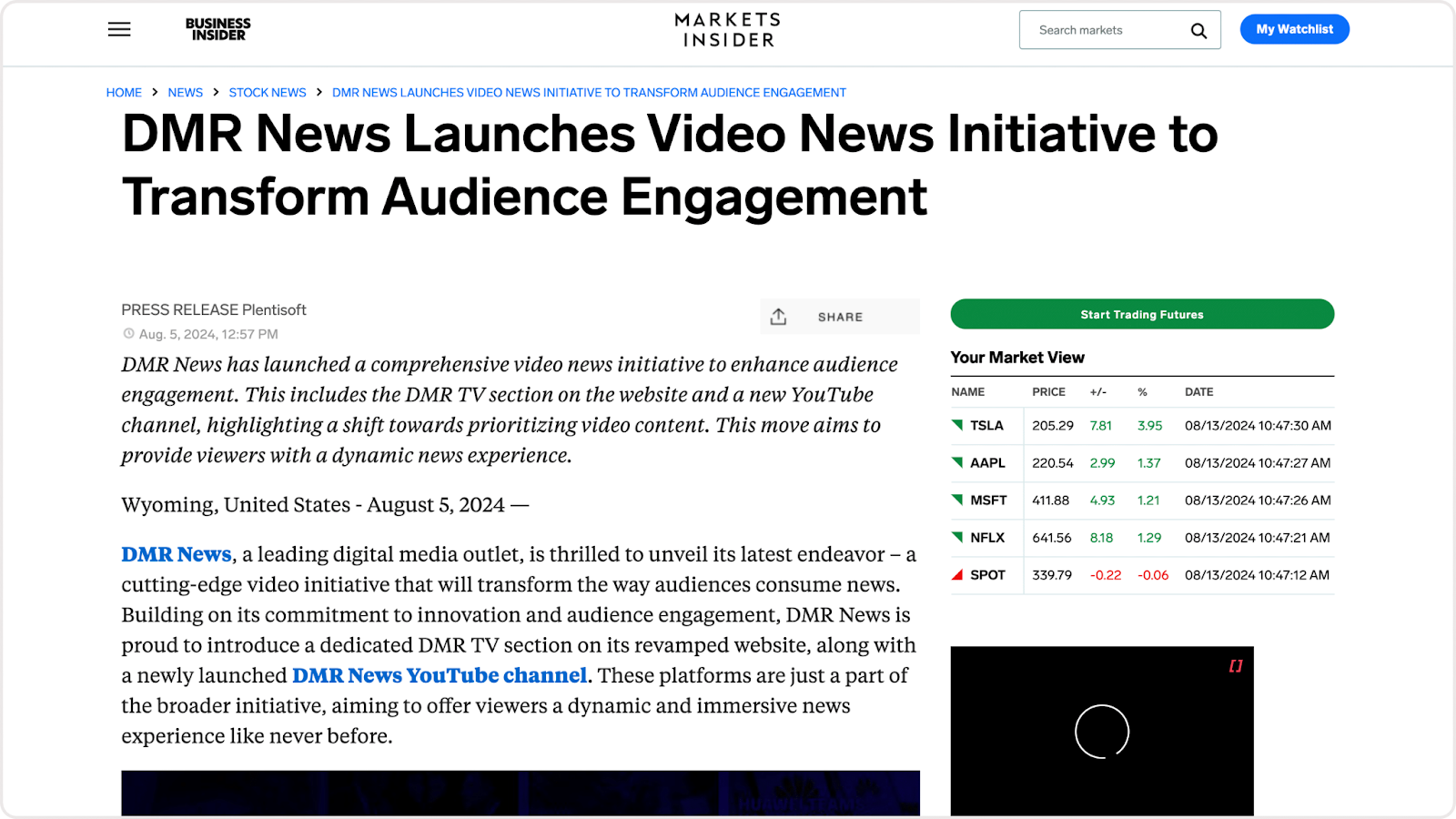 A press release detailing DMR News' launch of a new video news initiative, featured on Markets Insider.