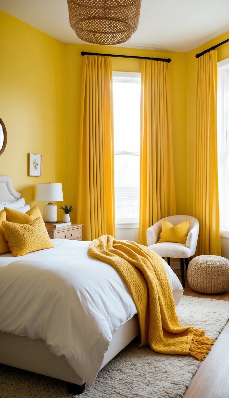 A bright yellow bedroom with buttercup curtains, filled with cozy and inviting decor