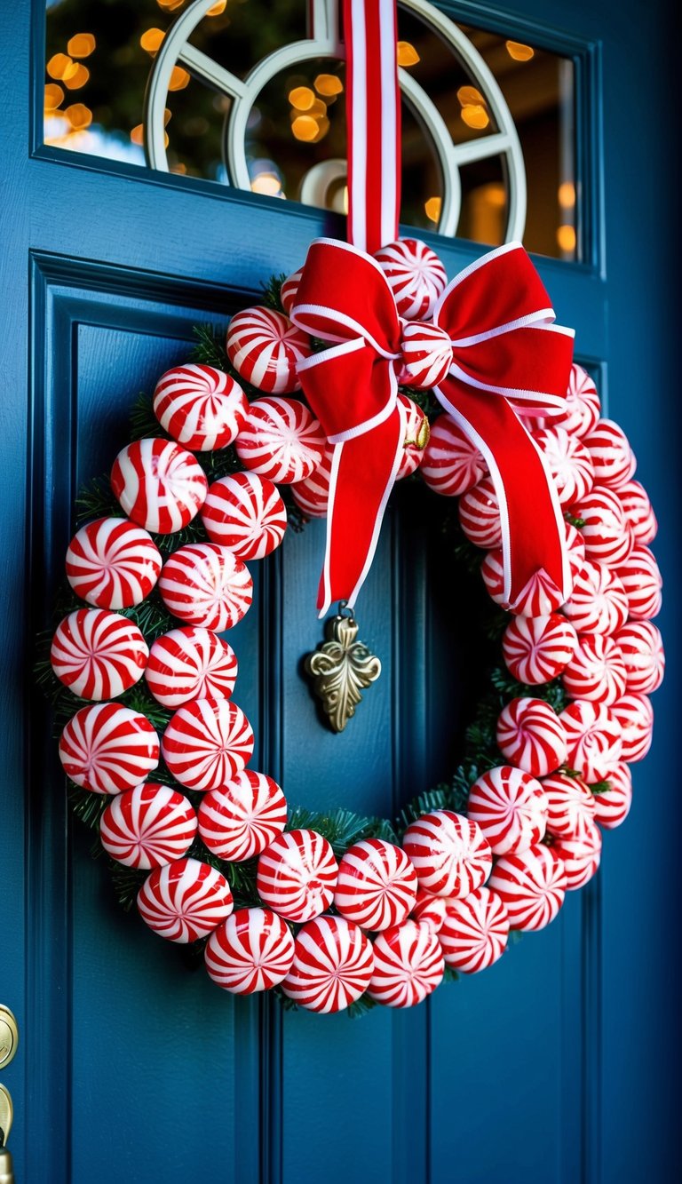 A festive wreath made of peppermint candy canes and adorned with red and white bows, hanging on a front door