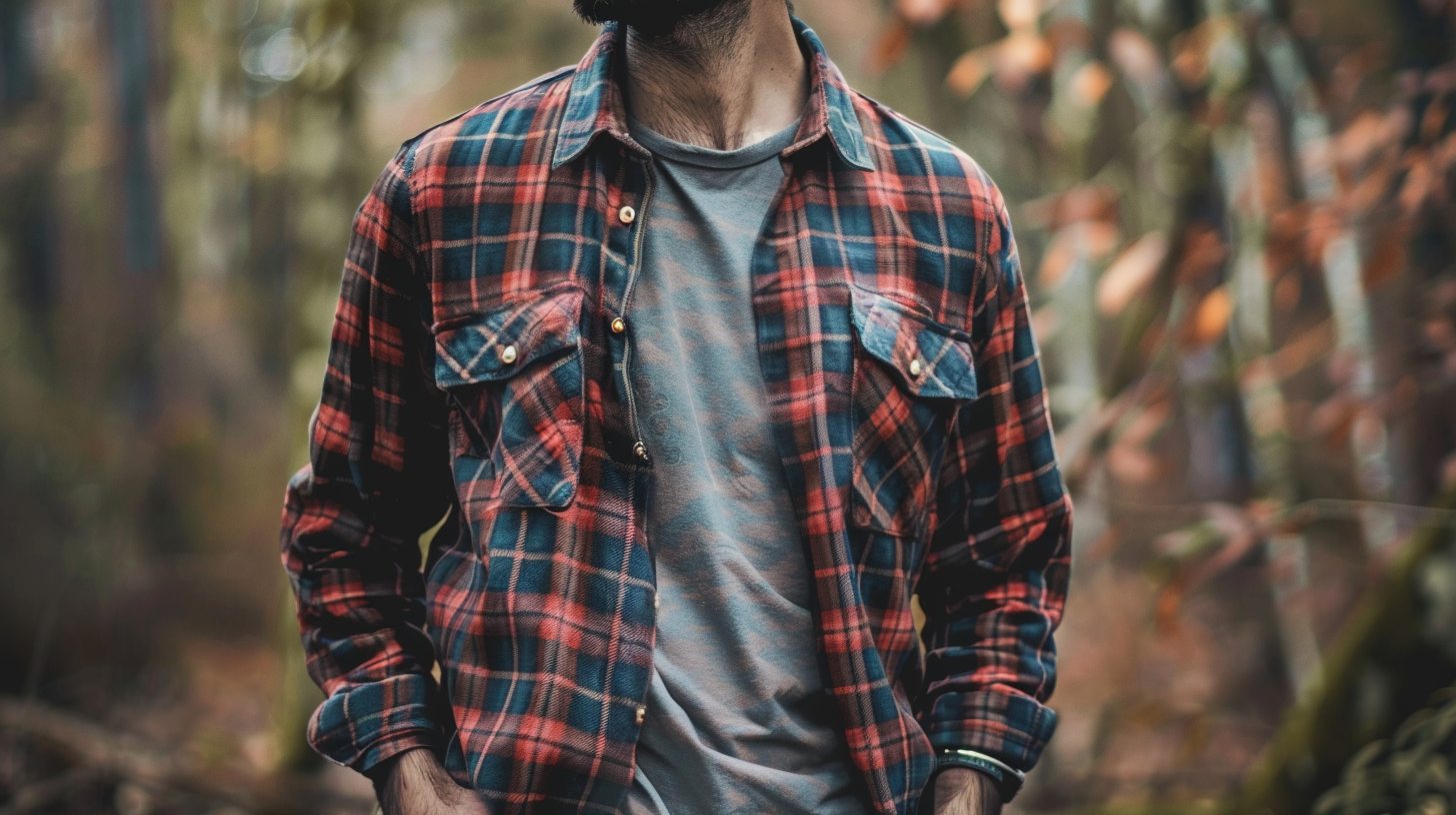 Man in a plaid flannel shirt, worn open over a t-shirt or buttoned up, styled for fall or winter, outdoor rustic setting like woods or cabin.