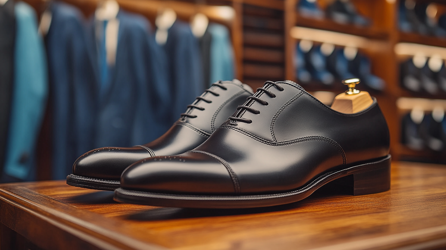 A pair of black Oxford shoes with their closed lacing system, displayed on a shelf. In the background, a collection of blue suits in various shades, from light blue to navy, hangs neatly in an elegant closet setup.