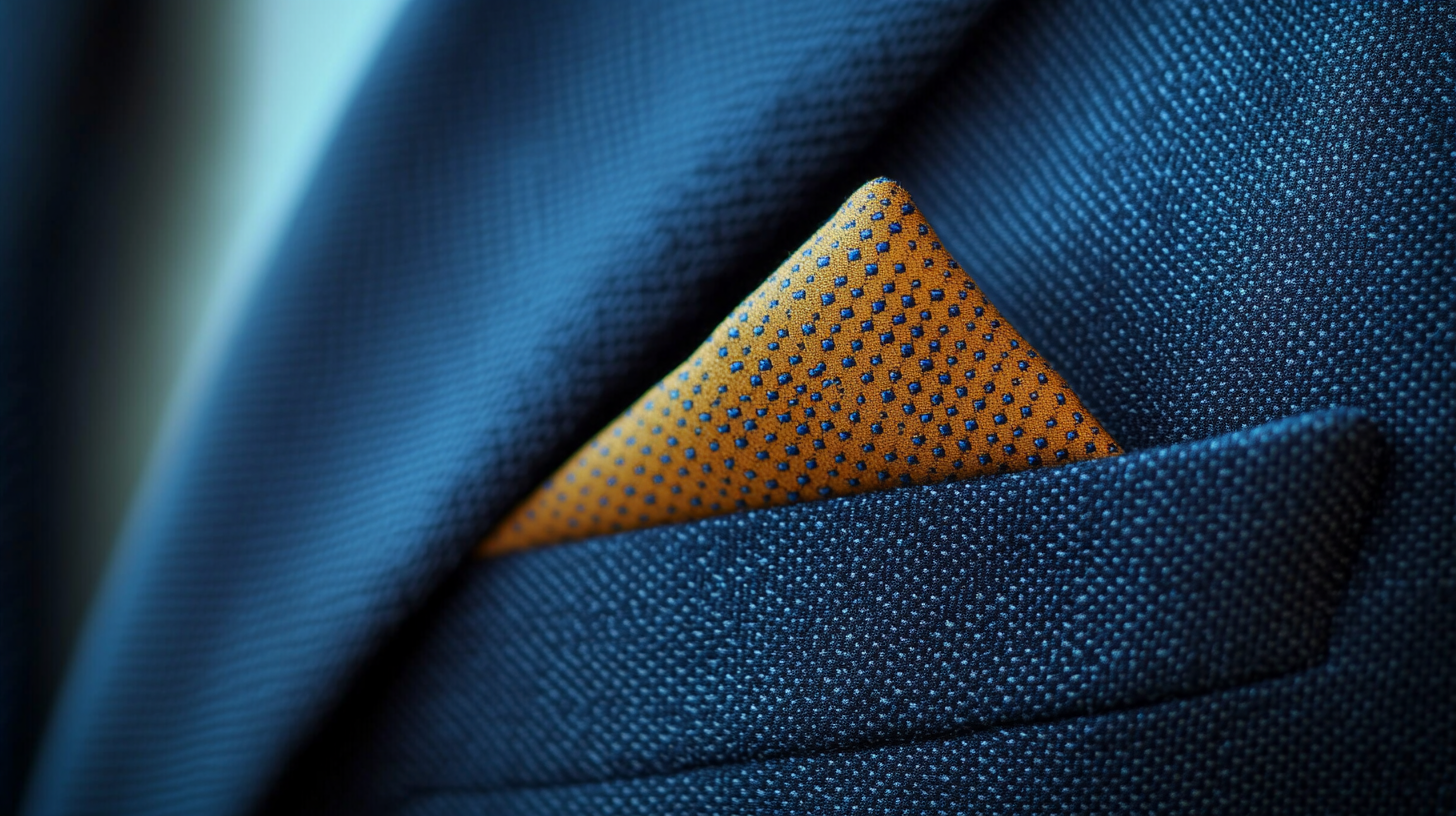 
A close-up of a pocket square folded in a sharp, clean triangle fold, placed neatly in the pocket of a formal suit. The fold creates a crisp, polished appearance, adding sophistication to the look. The fabric is smooth, with soft lighting highlighting the precise edges and the sharpness of the fold, making it a perfect choice for formal or professional settings