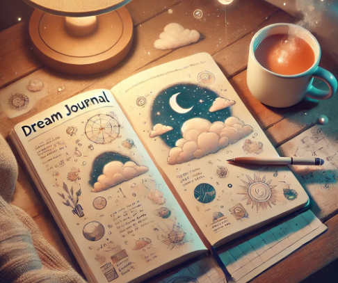 An illustration of a dream journal on a bedside table, symbolizing the importance of recording dreams for interpretation. 