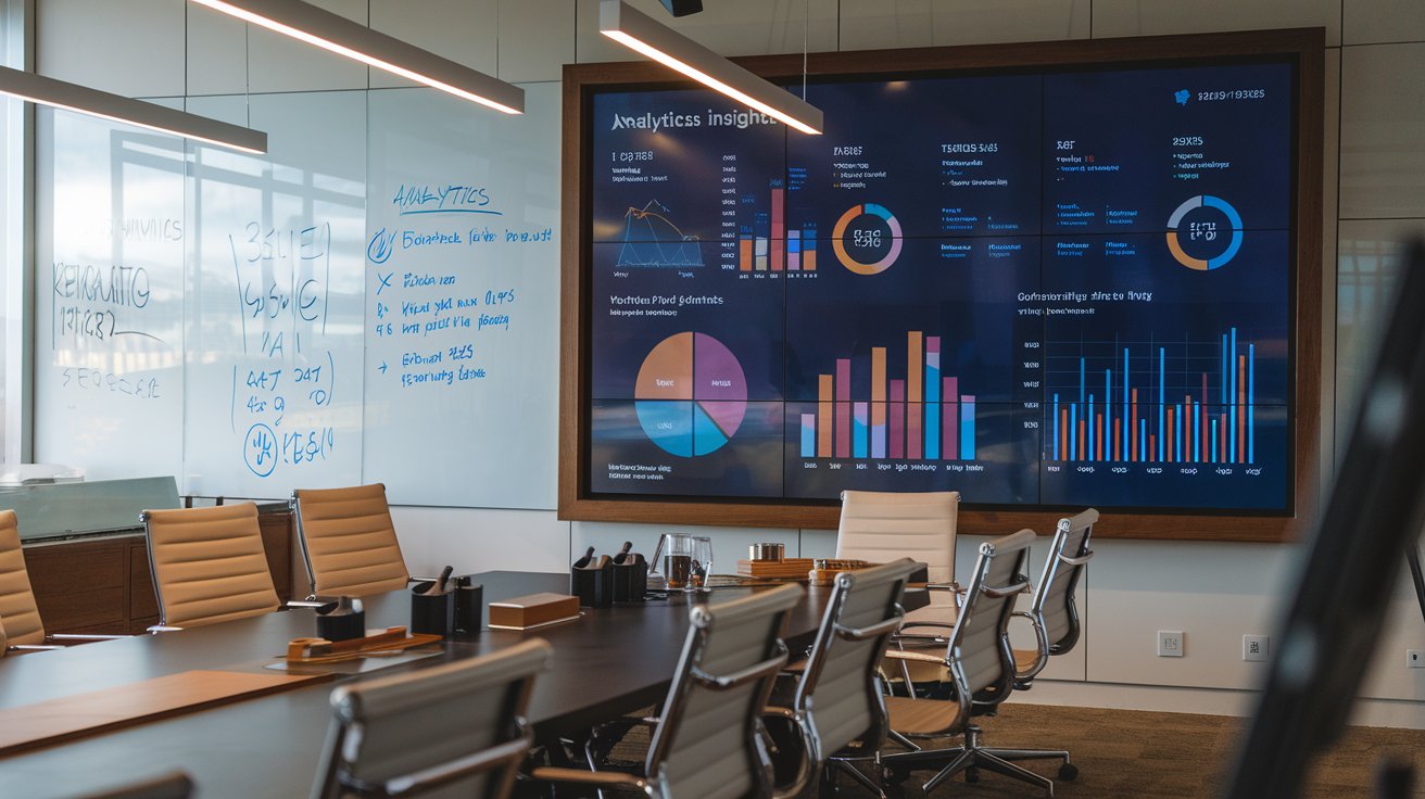 Business meeting scene focused on data-driven decision making, featuring charts and analytics insights.