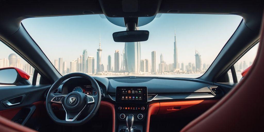 Interior of a supercar with luxurious controls in Dubai.