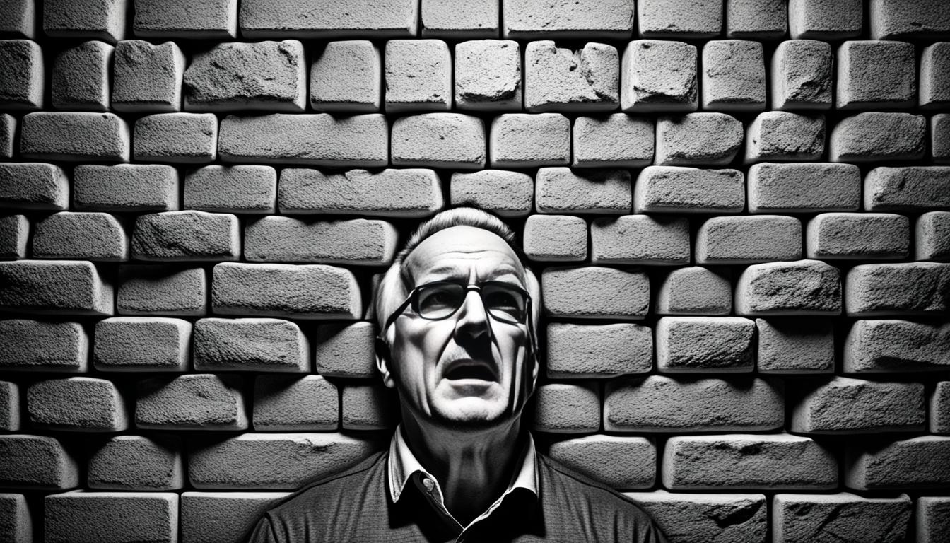 An image of a person trying to push past a solid wall of bricks, while a small voice inside their head whispers doubts and fears. The bricks represent the person's limiting beliefs, which are holding them back from manifesting what they want quickly. The person's face is strained with effort and frustration, while the voice inside their head is represented by a shadowy figure that looms over them. The background is dark and foreboding, emphasizing the struggle the person is facing to overcome their limiting beliefs.