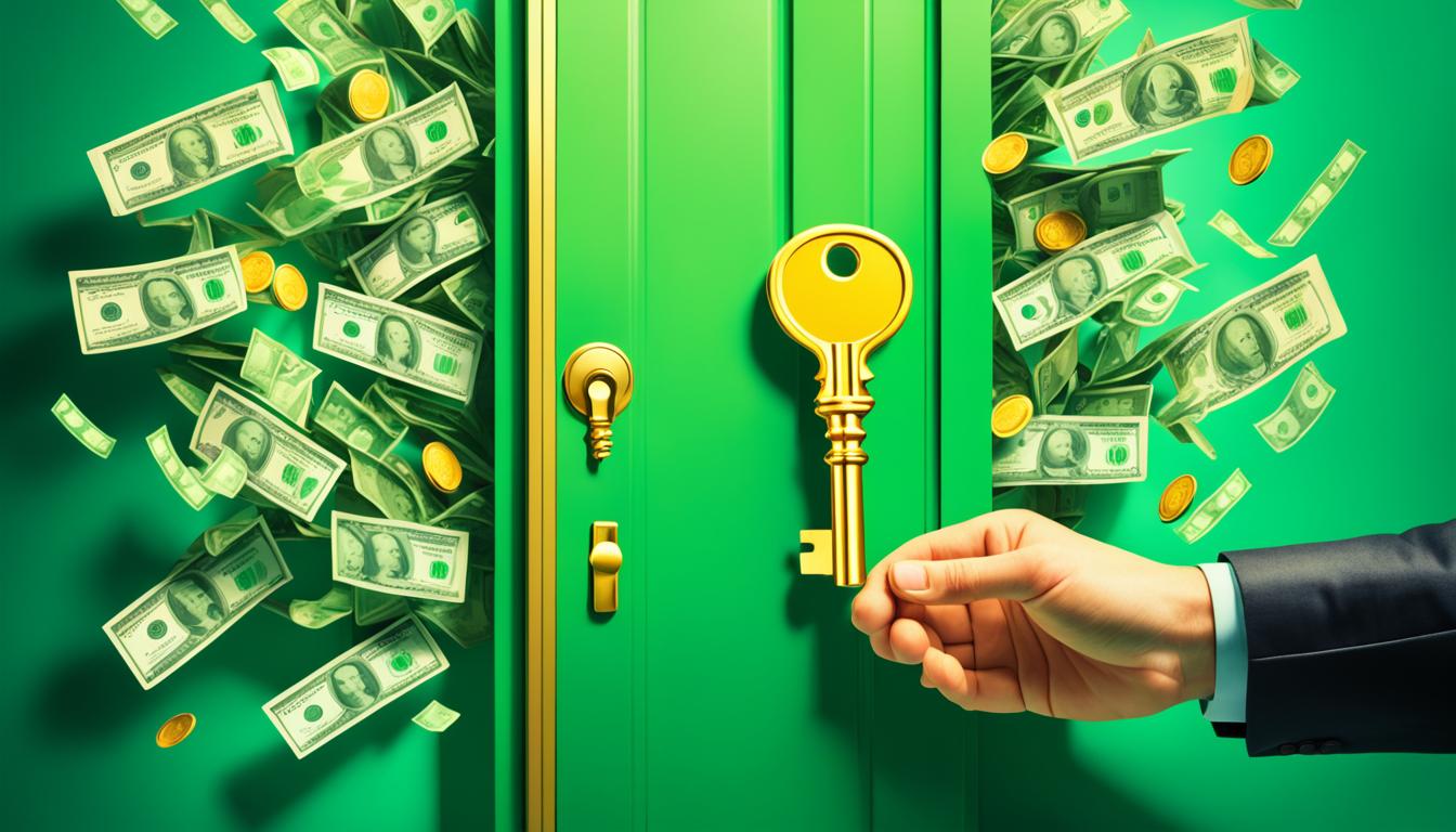 An image of a hand holding a golden key, with light shining from it as it unlocks a door labeled "Money Manifestation". Surrounding the door are stacks of cash and coins, representing abundance and wealth. The background should be a vibrant shade of green, symbolizing growth and prosperity.