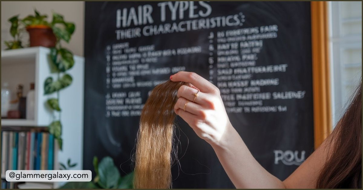 Person holding hair strand with chart titled “Hair Types” in background.