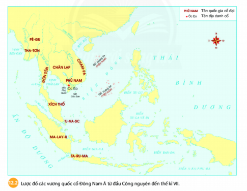 BÀI 12: CÁC VƯƠNG QUỐC CỔ Ở ĐÔNG NAM ÁI. VỊ TRÍ ĐỊA LÝ CỦA ĐÔNG NAM ÁCâu hỏi: Dựa vào bản đồ 12.1 và thông tin trong phần 1, em hãy:- Trình bày sơ lược vị trí địa lí của khu vực Đông Nam Á- Kể tên các nước Đông Nam Á ngày nayGiải nhanh: - Vị trí địa lí của khu vực Đông Nam Á+ Nằm ở phía đông nam châu Á+ Tiếp giáp Thái Bình Dương và Ấn Độ Dương+ Cầu nối giữa Trung Quốc và Ấn Độ giữa lục địa Á-Âu với châu Đại Dương- Khu vực Đông Nam Á hiện nay có 11 nước: In-đô-nê-xi-a, Ma-lai-xi-a, Phi-lip-pin, Xin-ga-po, Thái Lan, Bru-nây, Việt Nam, Lào, Campuchia, Mi-an-ma và Đông TimoII. SỰ XUẤT HIỆN CÁC VƯƠNG QUỐC CỔ TỪ ĐẦU CÔNG NGUYÊN ĐẾN THẾ KỶ VIICâu hỏi: Dựa vào lược đồ 12.2, em hãy:- Kể tên các vương quốc cổ đầu tiên của Khu vực Đông Nam Á- Quan sát thêm bản đồ 12.1, xác định vị trí của các vương quốc cổ đó thuộc quốc gia Đông Nam Á nào ngày nay.Giải nhanh: - Các vương quốc cổ đầu tiên của Khu vực Đông Nam Á như: Pê-gu, Pha-ton, Chân Lạp, Don ton, Phù Nam, Xích Thổ, Tu-ma-sic, Ma-lay-u, Ta-ru-ma, Cham- Pa- Xác định vị trí của các vương quốc cổ đó thuộc quốc gia Đông Nam Á nào ngày nay: Vương quốc cổQuốc gia Đông Nam Á ngày nayPê-gu, Pha-tonMianmaChân LạpLào, Campuchia, Thái LanDon tonMianma, Thái LanPhù Nam, Cham paViệt NamXích ThổMa-lai-xiaTu-ma-sicXin-ga-poMa-lay-u, Ta-ru-maIn-do-ne-xi-aIII. SỰ HÌNH THÀNH VÀ PHÁT TRIỂN CỦA CÁC VƯƠNG QUỐC PHONG KIẾN TỪ THẾ KỶ VII ĐẾN THẾ KỶ XCâu hỏi:- Em hãy xác định trên lược đồ 12.3 những vương quốc phong kiến ở Đông -Nam Á từ thế kỉ VII đến thế kỉ X?- Tham khảo lược đồ 12.1 và các thông tin bên dưới cho biết vị trí của các vương quốc đó thuộc các quốc gia Đông Nam Á nào ngày nay?Giải nhanh: - Những vương quốc phong kiến ở Đông Nam Á từ thế kỉ VII đến thế kỉ X: Đại Cồ Việt, Champa, Pa-gan, Pe-gu, Tha-ton, Campuchia, DVva-ra-va-ti, Ha-ri-pun-giay-a, Sri Vi-giay-a, Bu-tu-an, Ka-lin-ga, Tu-ma-sic- Vị trí của các vương quốc đó thuộc các quốc gia Đông Nam Á nào ngày nay:Vương quốc cổQuốc gia Đông Nam Á ngày nayĐại Cồ Việt, ChampaViệt NamPa-gan, Pe-gu, Tha-tonMi-an-maCampuchia, DVva-ra-va-tiCampuchiaHa-ri-pun-giay-aLào Sri Vi-giay-a,Ka-lin-gaIndonexiaBu-tu-anPhilippinTu-ma-sicXingapoLUYỆN TẬP – VẬN DỤNGLUYỆN TẬPCâu 1: Em hãy trình bày đặc điểm nổi bật về địa lí của khu vực Đông Nam ÁGiải nhanh: - Nằm ở phía Đông-Nam châu Á, tiếp giáp Thái Bình Dương và Ấn Độ Dương, cầu nối giữa lục địa Á-Âu với lục địa Úc.- Đông Nam Á bao gồm hệ thống bán đảo, đảo, quần đảo xen giữa biển rất phức tạp.- Đông Nam Á có vị trí quan trọng, nơi giao thoa của nhiều nền văn hóa lớn, nơi các cường quốc cạnh tranh ảnh hưởngCâu 2: Em hãy nêu những điểm giống nhau về vị trí địa lí của các vương quốc ở Đông Nam Á.Giải nhanh: Điểm giống nhau về vị trí địa lí của các vương quốc ở Đông Nam Á: - Nằm ở phía Đông-Nam châu Á, tiếp giáp Thái Bình Dương và Ấn Độ Dương, cầu nối giữa lục địa Á-Âu với lục địa Úc.- Các vương quốc ở Đông Nam Á đều được xây dựng ở nơi đồng bằng cạnh các con sông lớn giàu phù sa thuận lợi cho người dân trồng trọt, sinh sốngVẬN DỤNG