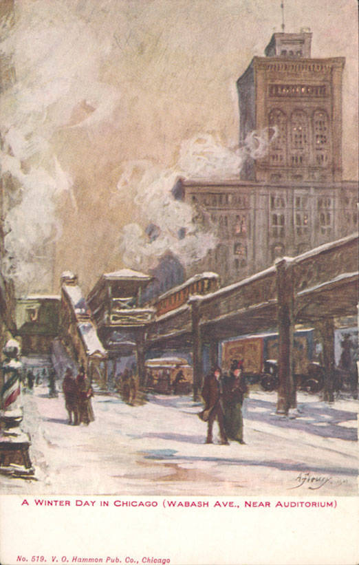 Postcard with a painting titled "A Winter Day in Chicago (Wabash Ave., Near Auditorium), showing people walking on a snowy street with the elevated train in the background.