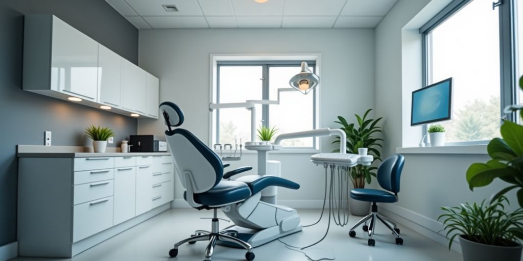 Modern dental office in Boston with comfortable chair and tools.