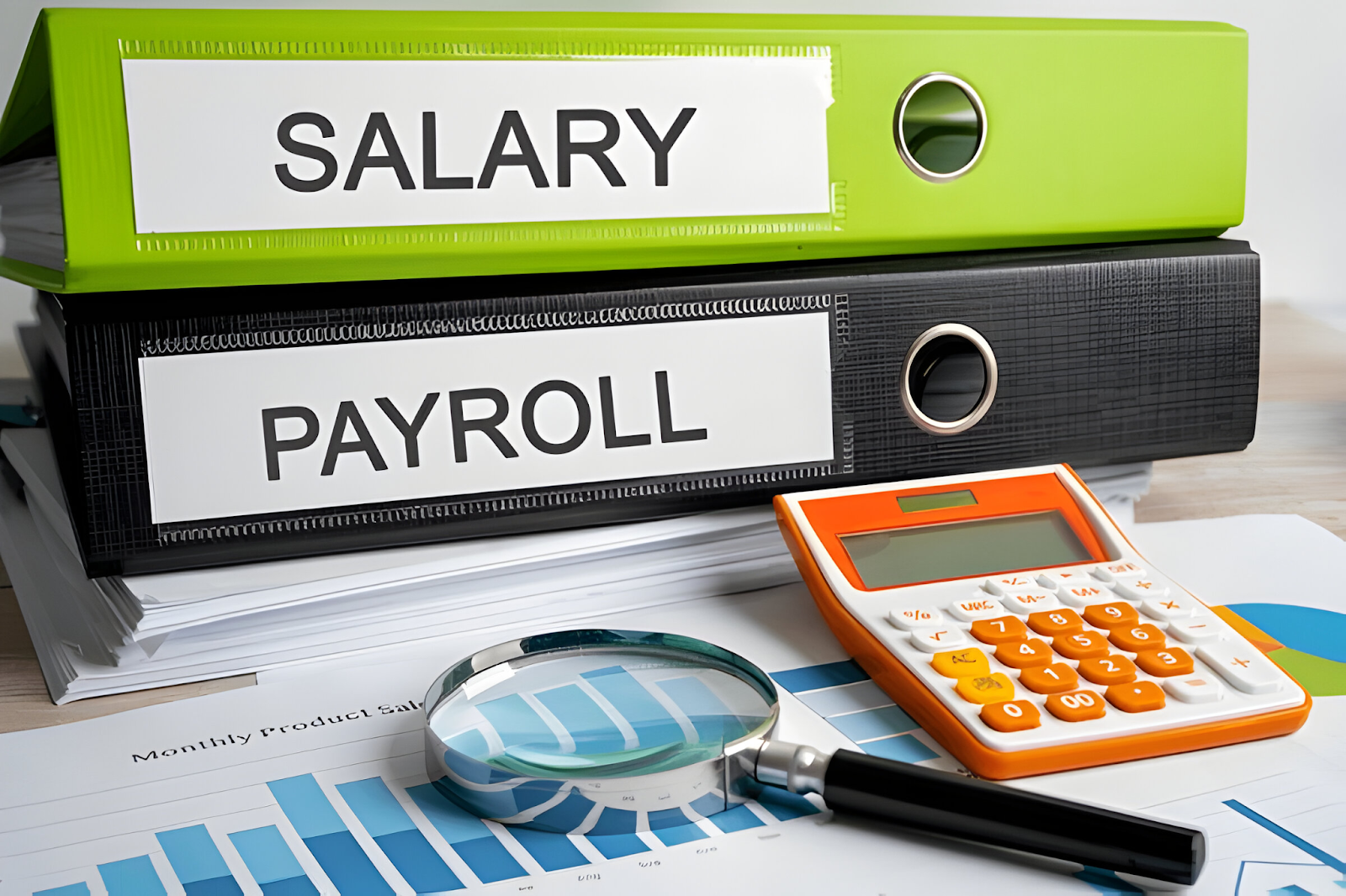 A desk with binders labeled "Salary" and "Payroll," a magnifying glass, and a calculator on top of financial charts, representing the process of ensuring accurate payroll accounting.