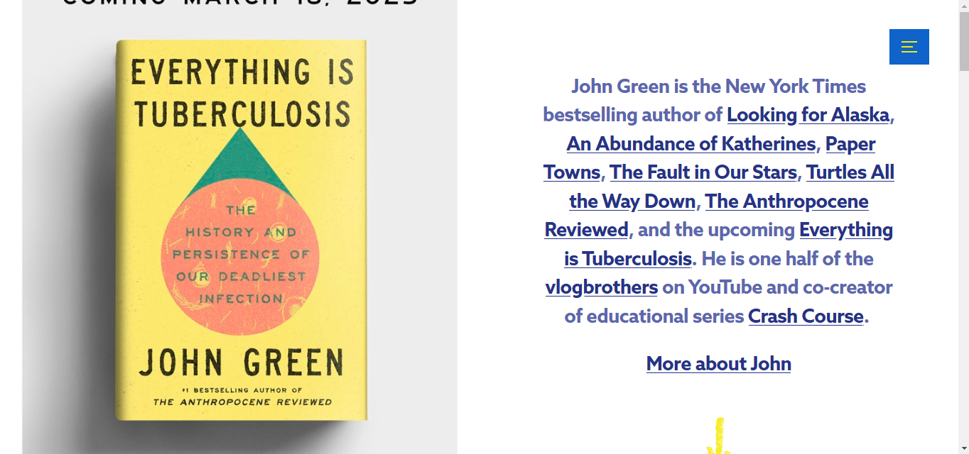 a screenshot of john green a WordPress Author Website Examples