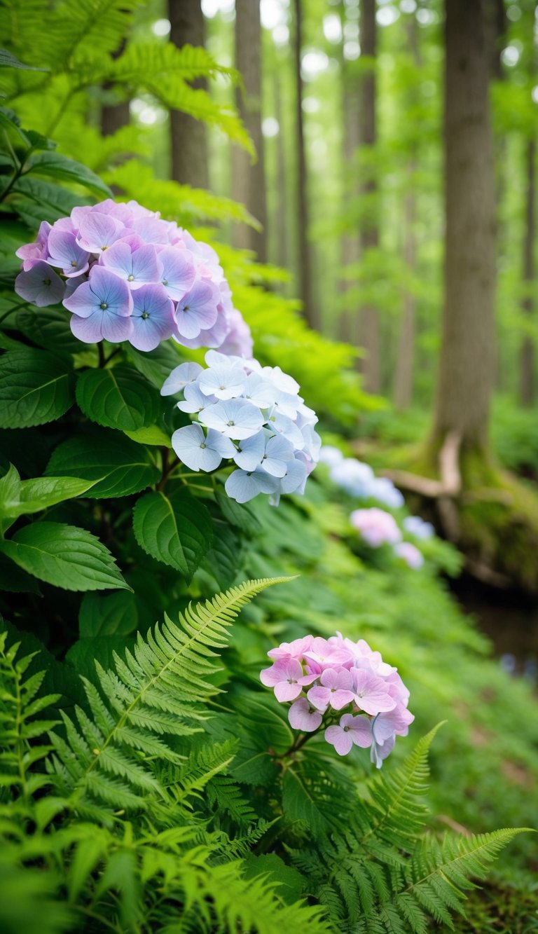 A lush forest edge with vibrant hydrangeas and delicate ferns creating a beautiful and serene landscape