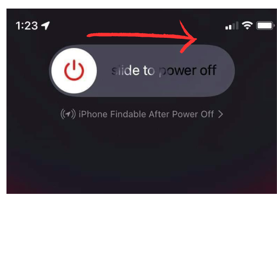 Smartphone interface displaying the ‘slide to power off’ option with a red arrow. The status bar shows the time as 1:23, battery icon, and cellular data signal strength.” 📱🔴📶