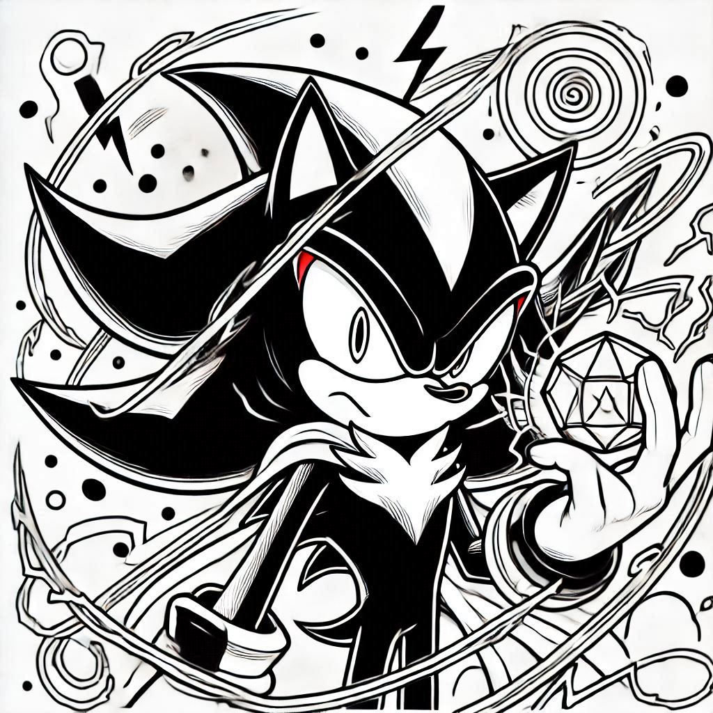 Shadow Sonic em uma pose misteriosa, segurando uma Chaos Emerald