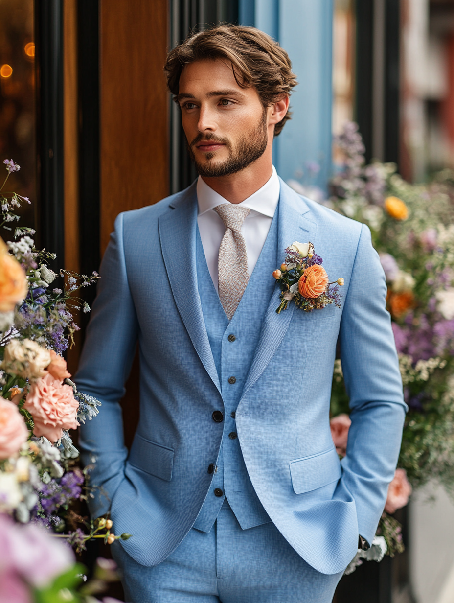 
young man standing in Pastel blue suit, soft and elegant, perfect for spring and summer weddings, captures a fresh and vibrant feel, ideal for daytime outdoor or garden settings, light and stylish, suited for warm weather events