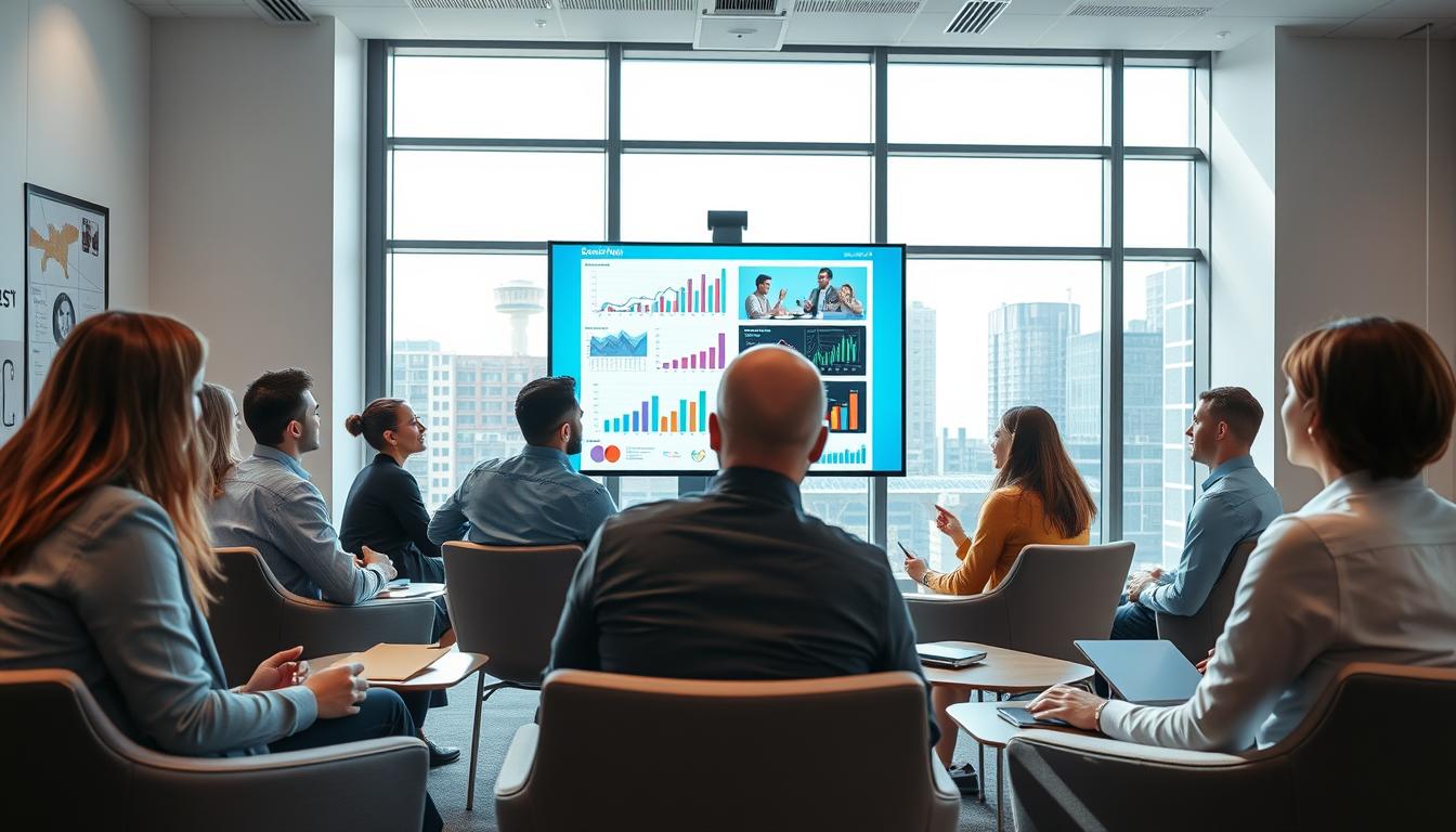 A group of individuals seated in chairs, engaged in a corporate training session in front of a large screen.