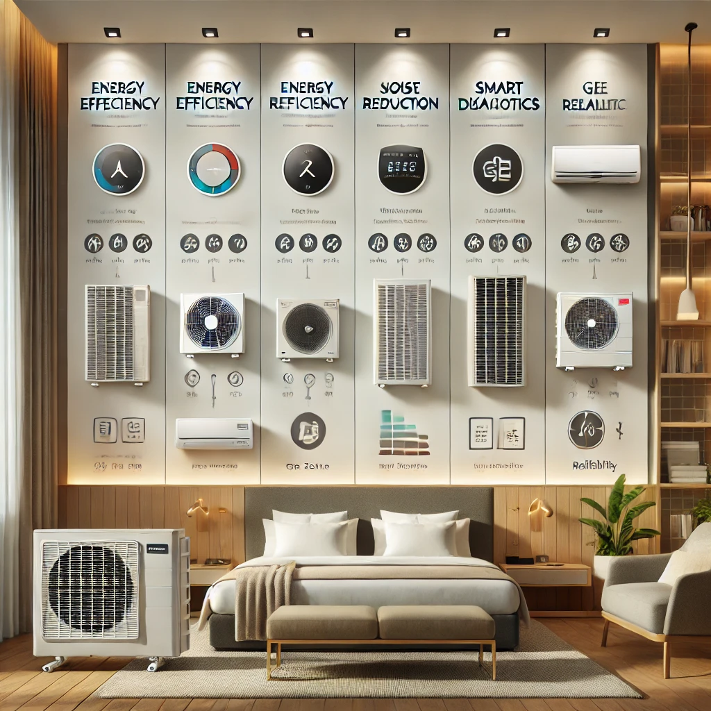 Side-by-side PTAC units from Amana, Friedrich, Mitsubishi Electric, and GE Zoneline with icons for efficiency, noise, and smart features