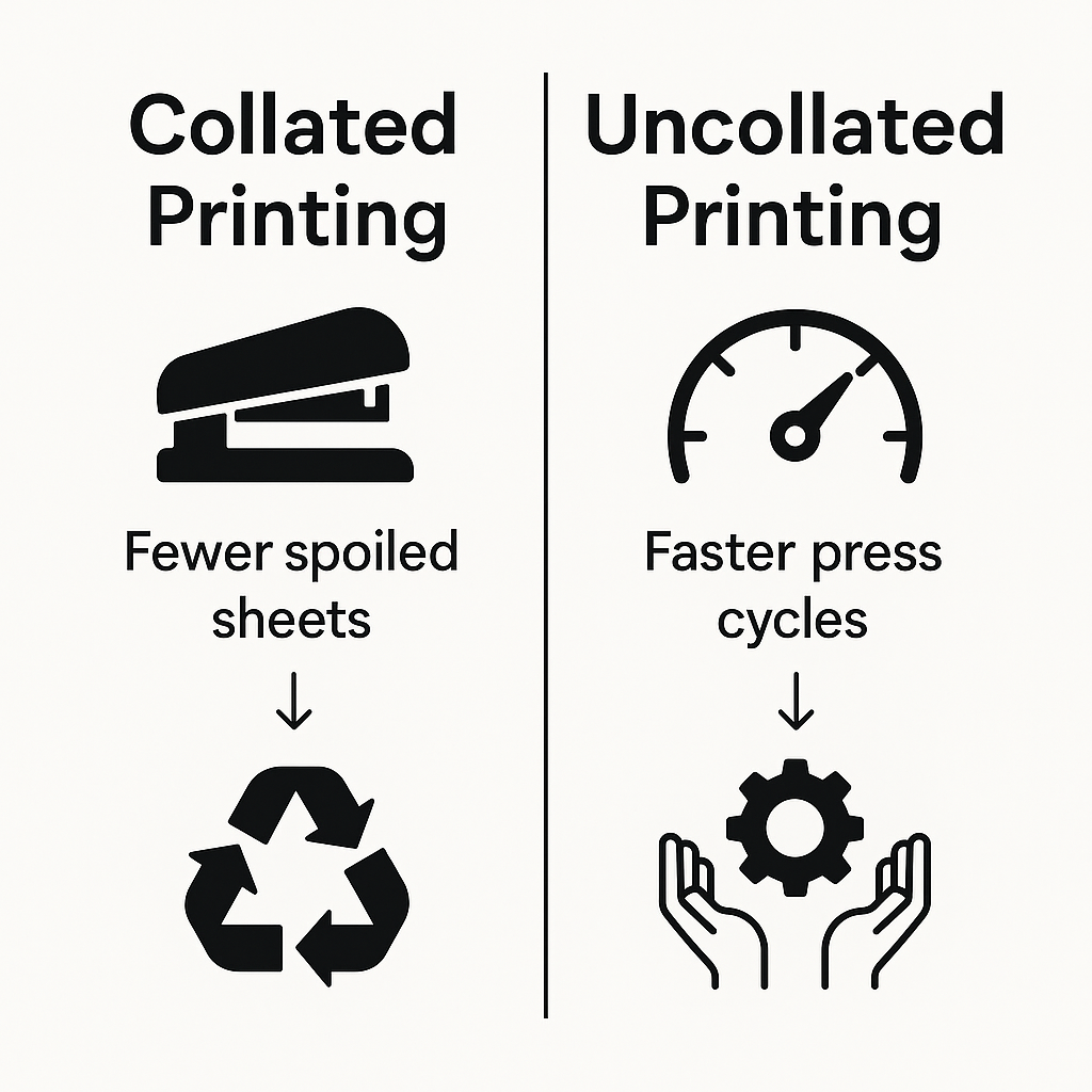 Two-column graphic comparing “Collated Printing” (low waste, ready for binding) vs “Uncollated Printing” (faster output, manual sorting)