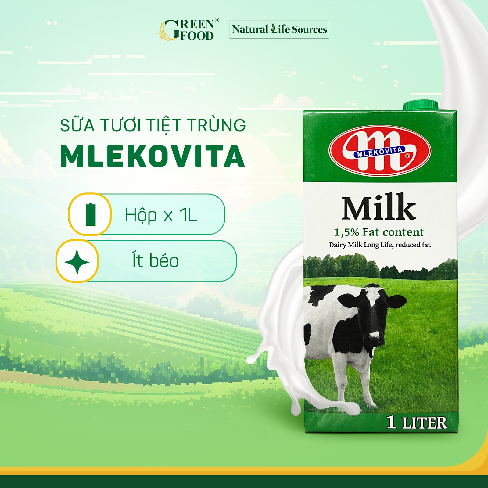  Sữa tươi ít béo Mlekovita Ba Lan - Hộp 1L 