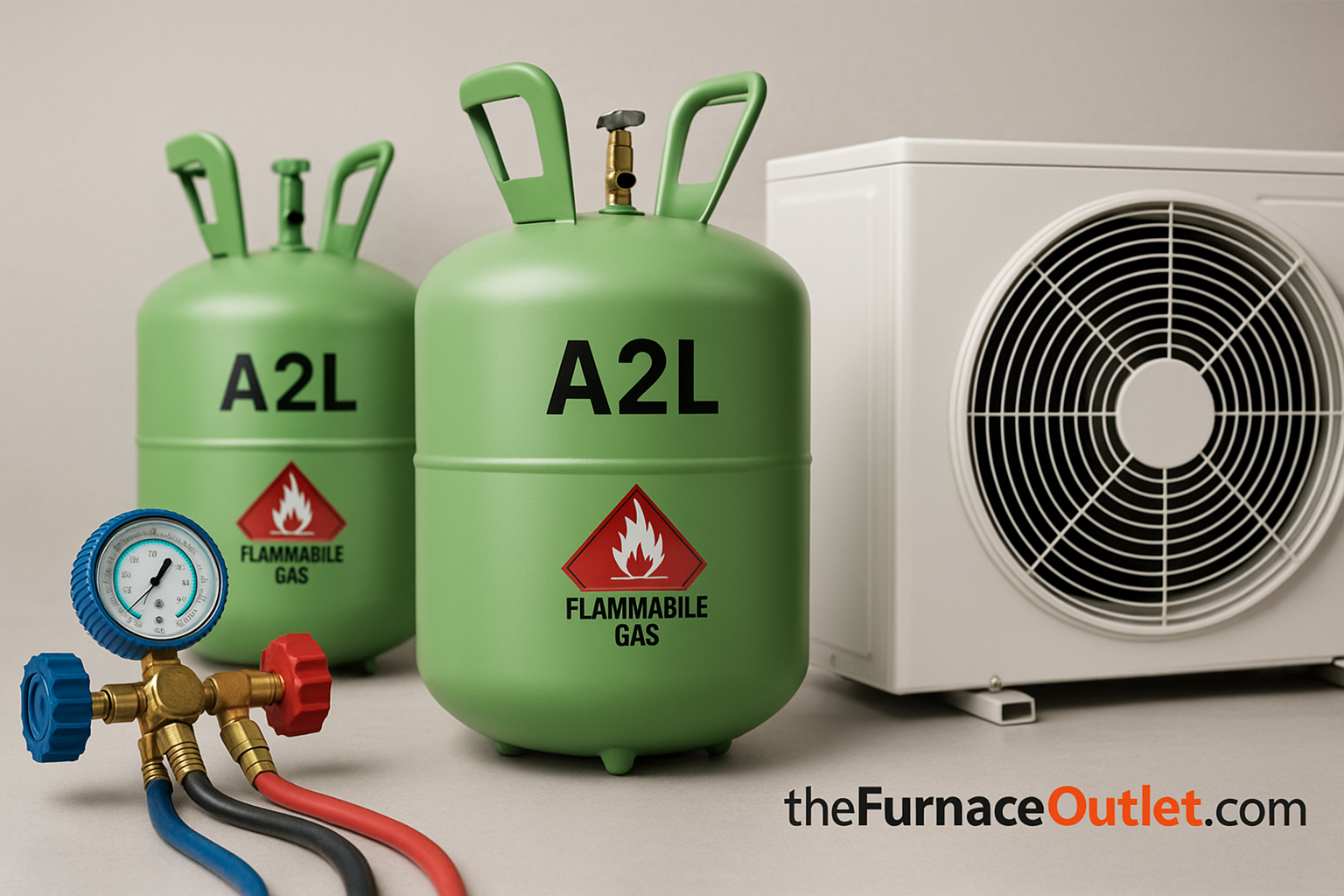 Professional image showing A2L refrigerant cylinders with flammability warnings, HVAC unit, and manifold gauge set, branded with TheFurnaceOutlet.com to illustrate the importance of flammability testing