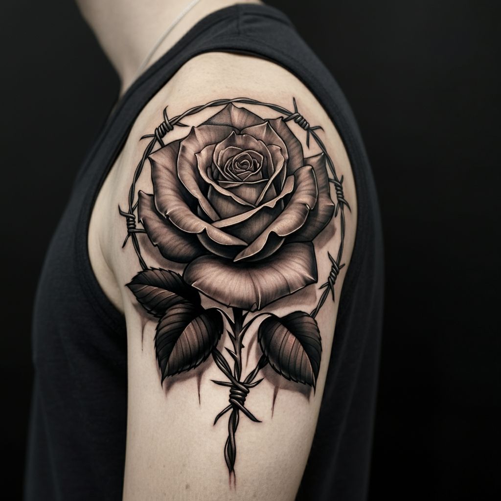 Barbed Wire Rose Tattoo