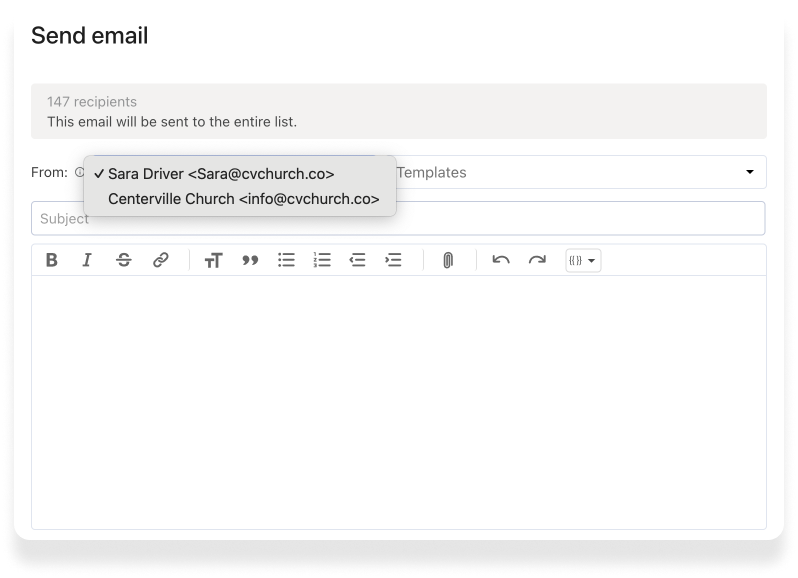 image showing an email being sent from a church address rather than a personal one 