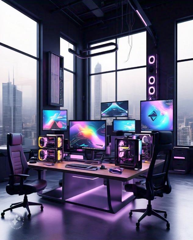 A room with many computers and chairs<br />
<br />
Description automatically generated