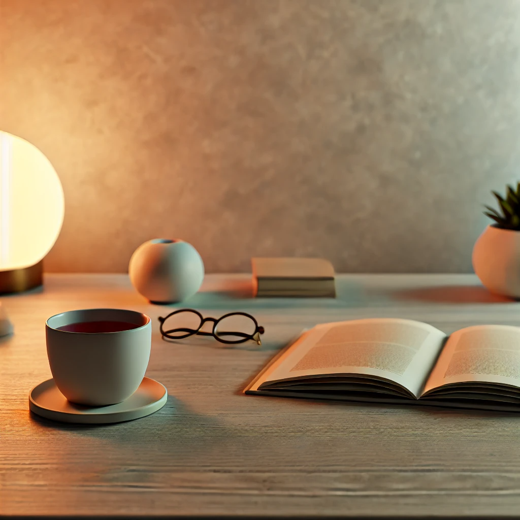 A calm study area with a soft, warm light illuminating a desk. On the desk is an open book and a cup of tea, with minimalist decor such as a small plant. The scene evokes peace, learning, and quiet reflection, symbolizing guidance and self-improvement in a serene and inviting atmosphere.