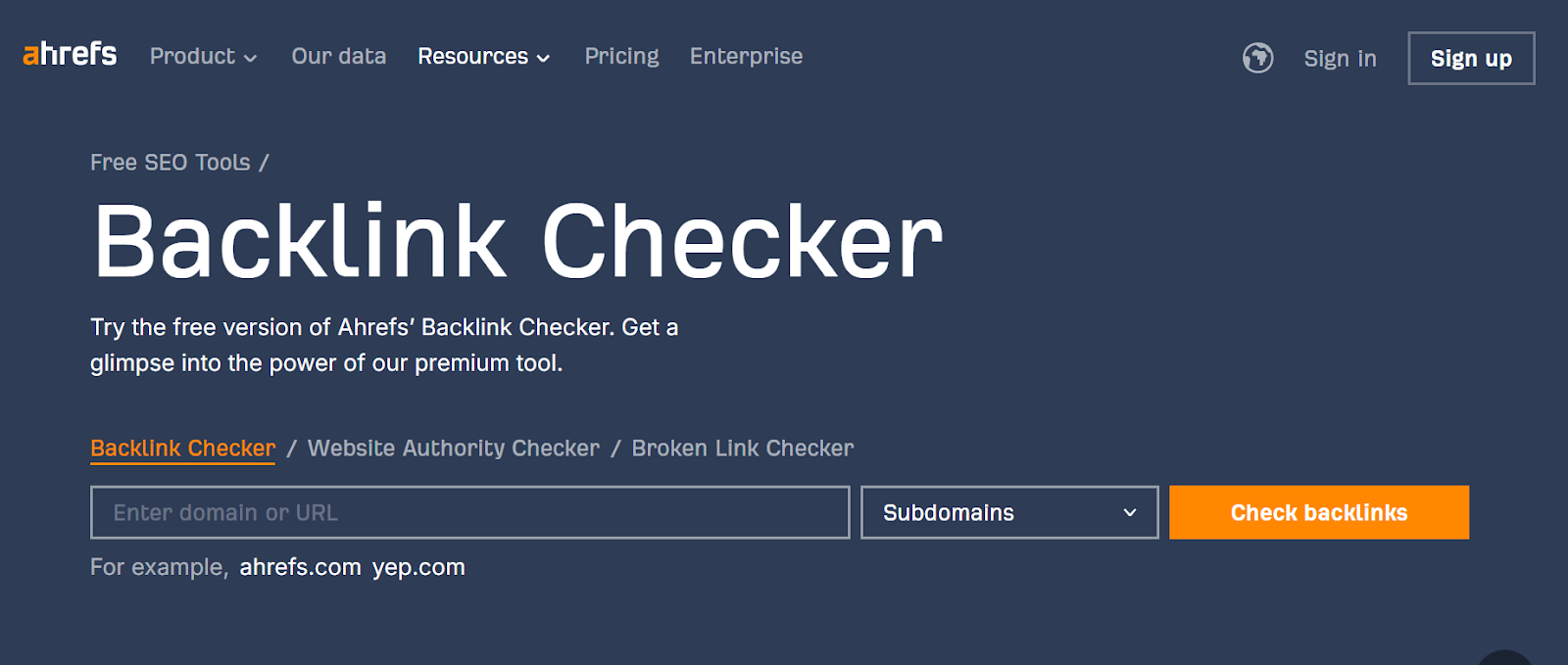 An image showing Ahrefs' free backlink checker 