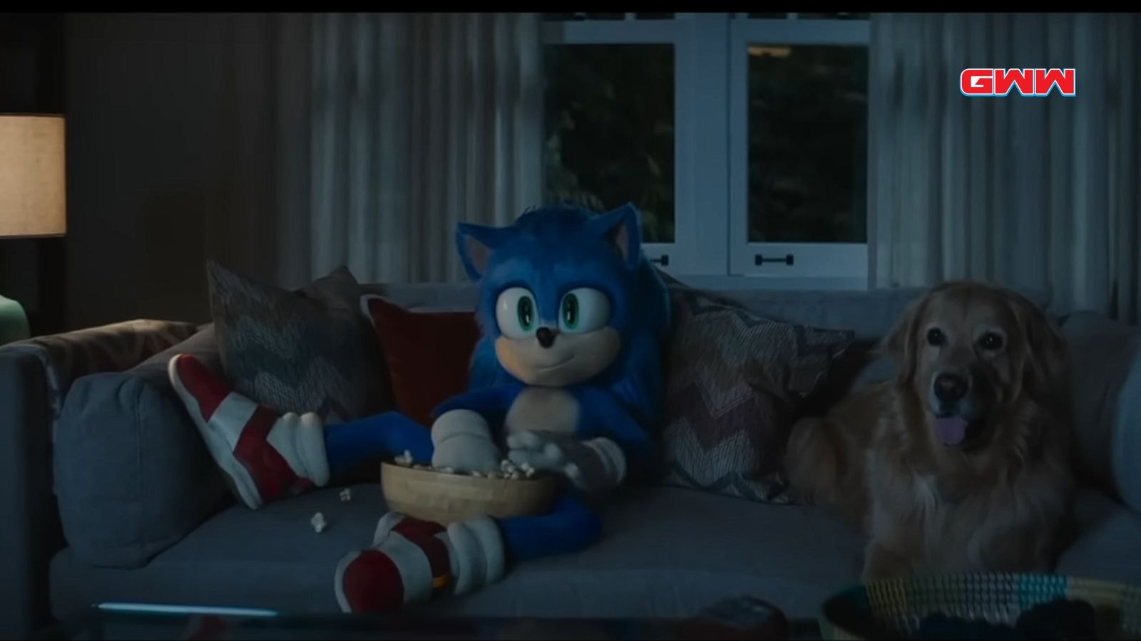 Sonic the Hedgehog enjoying popcorn on a couch with a dog.