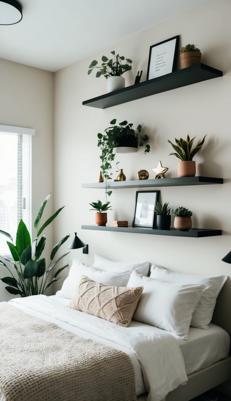 A bedroom with minimalist floating shelves displaying various decor and plants