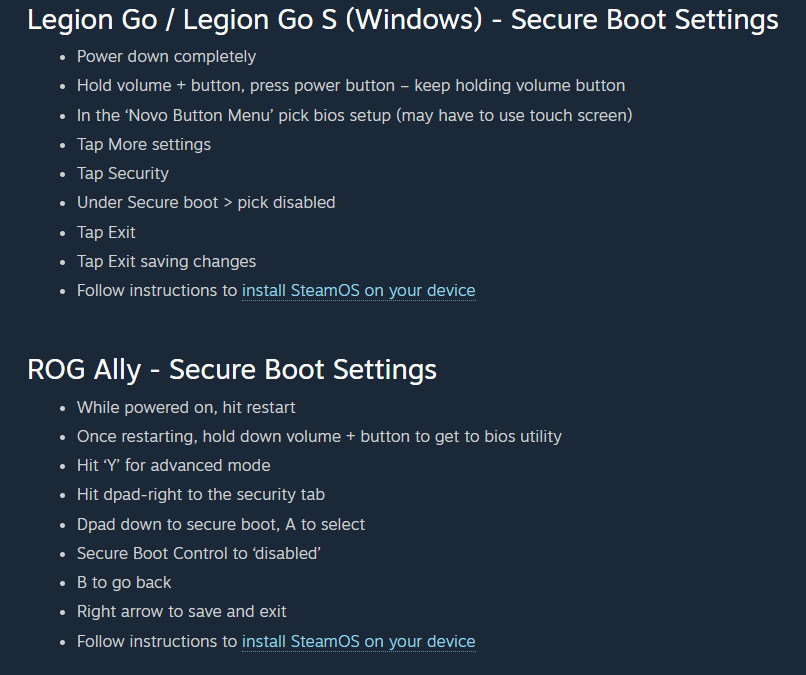 Lenovo Legion Go S and Rog Ally Steam OS installation intructions.