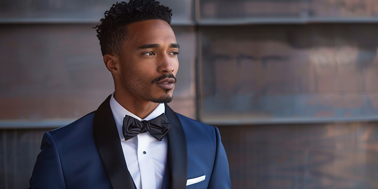 A man wearing a modern tuxedo with a slim fit, featuring a midnight blue jacket with a shawl collar. Styled with a crisp white dress shirt and black bow tie, the look is sleek and contemporary. Set against a refined evening backdrop, showcasing updated elegance for formal occasions.