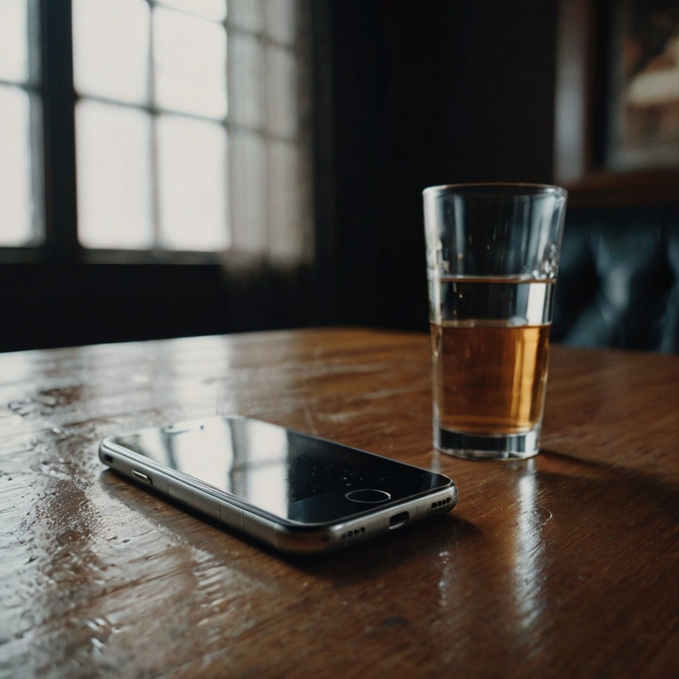 A phone lying face down next to an empty glass, suggesting the end of drunk texting and social media stalking