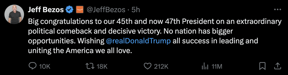 A screenshot of Jeff Bezos' tweet congratulating Donald Trump on his win