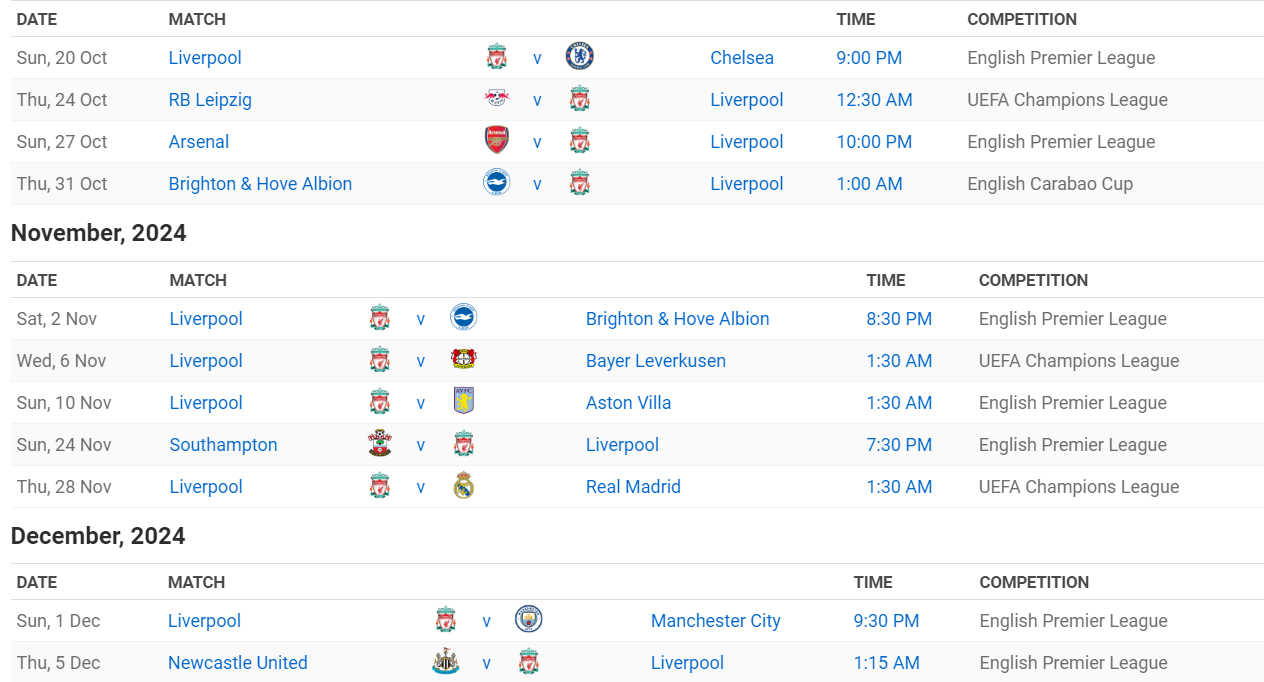 A screenshot of a football match schedule Description automatically generated